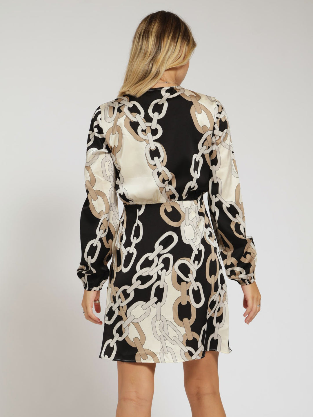 Long Sleeve Satin Wrap Detail Short Dress - Black/Beige