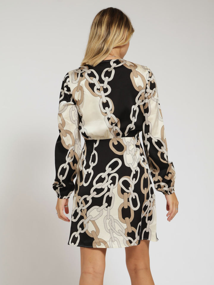 Long Sleeve Satin Wrap Detail Short Dress - Black/Beige