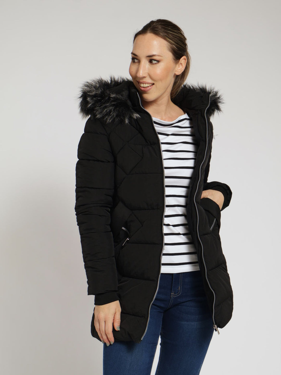 Quilted Puffer Jacket With Zip Detail & Detachable Hoody - Black