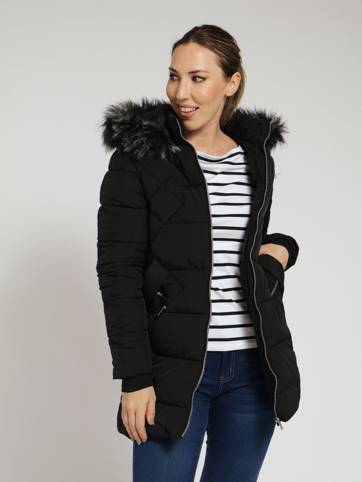 Quilted Puffer Jacket With Zip Detail & Detachable Hoody - Black