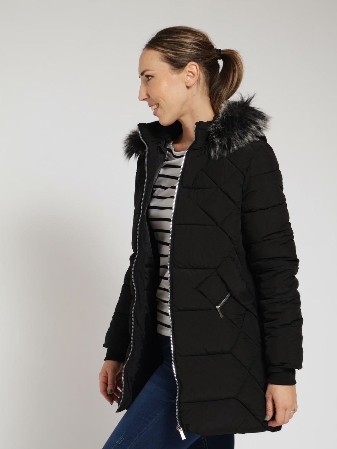 Quilted Puffer Jacket With Zip Detail & Detachable Hoody - Black