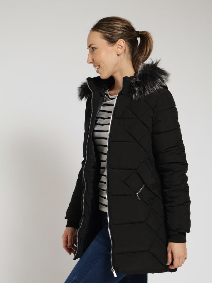 Quilted Puffer Jacket With Zip Detail & Detachable Hoody - Black