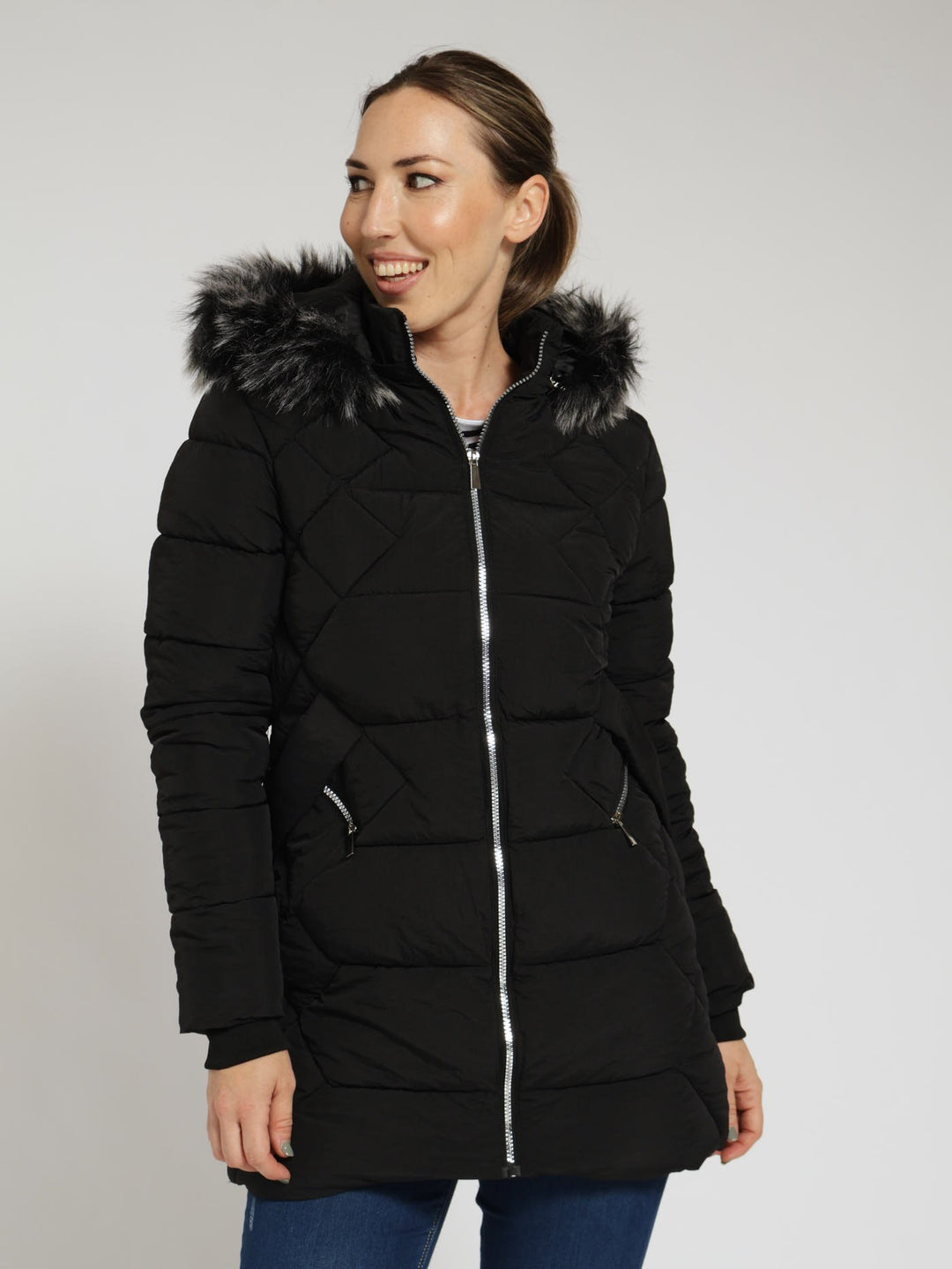 Quilted Puffer Jacket With Zip Detail & Detachable Hoody - Black
