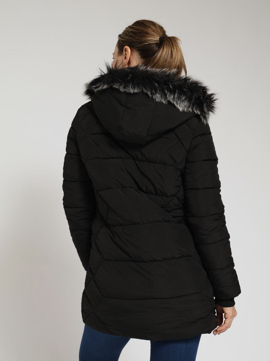 Quilted Puffer Jacket With Zip Detail & Detachable Hoody - Black