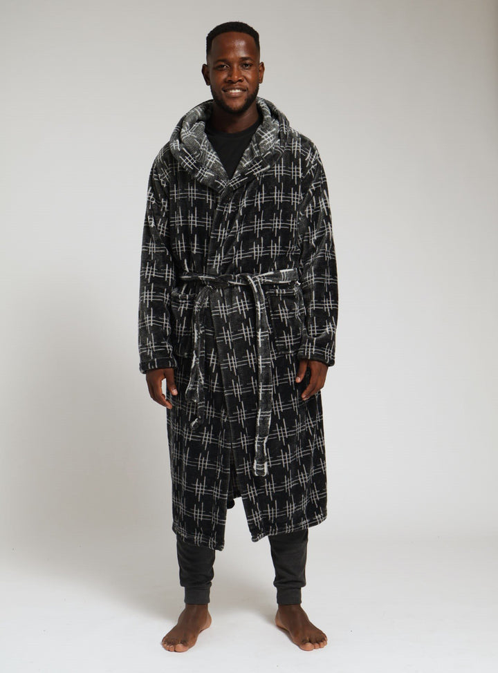 Check Fleece Hooded Gown - Blue