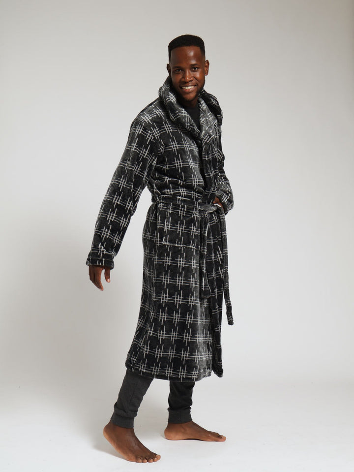 Check Fleece Hooded Gown - Blue