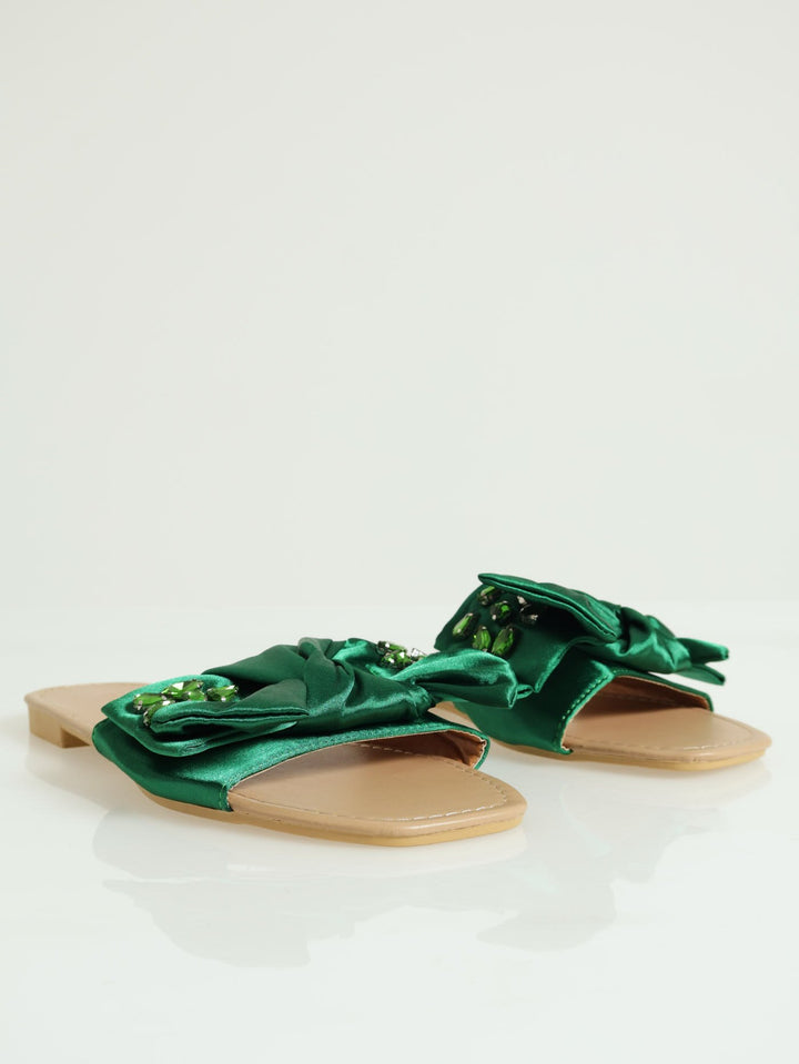 Big Jewled Bow Mule Sandal - Green