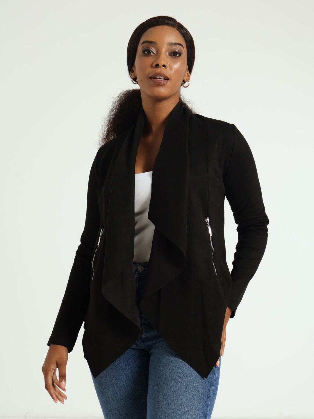 Long Sleeve Suede Waterfall Jacket With Zip Detail - Black
