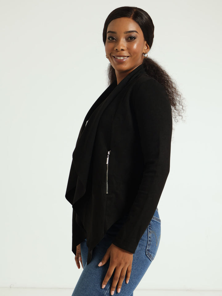 Long Sleeve Suede Waterfall Jacket With Zip Detail - Black