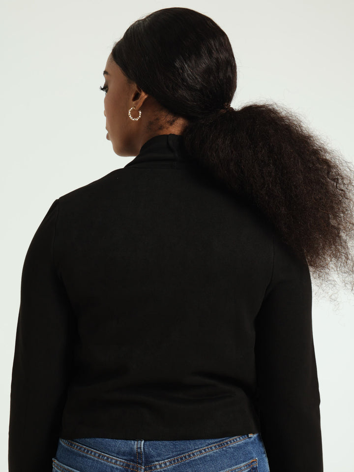 Long Sleeve Suede Waterfall Jacket With Zip Detail - Black