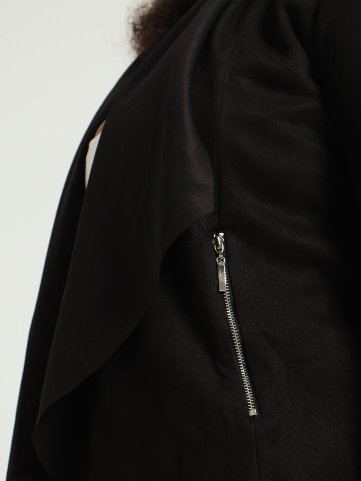 Long Sleeve Suede Waterfall Jacket With Zip Detail - Black