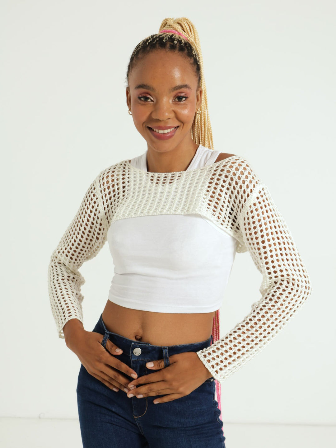 Long Sleeve Knit Shrug Top - Cream