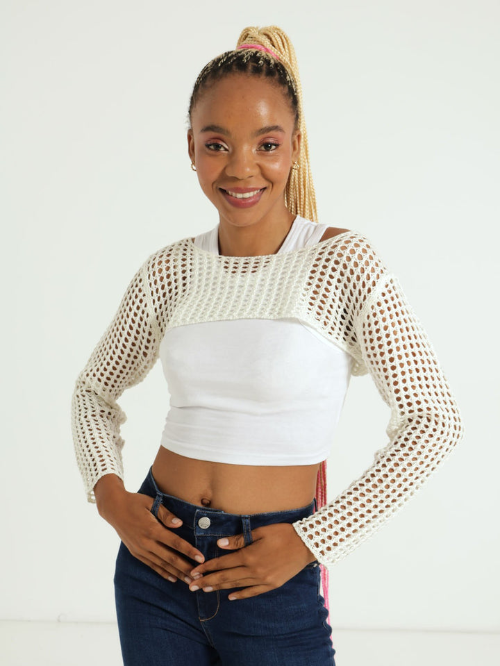 Long Sleeve Knit Shrug Top - Cream