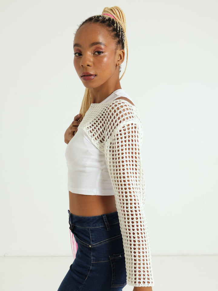 Long Sleeve Knit Shrug Top - Cream