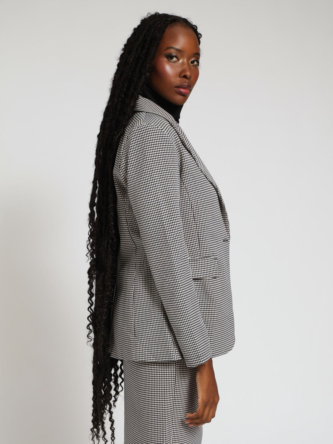 Single Breasted Houndstooth Blazer - Black/White