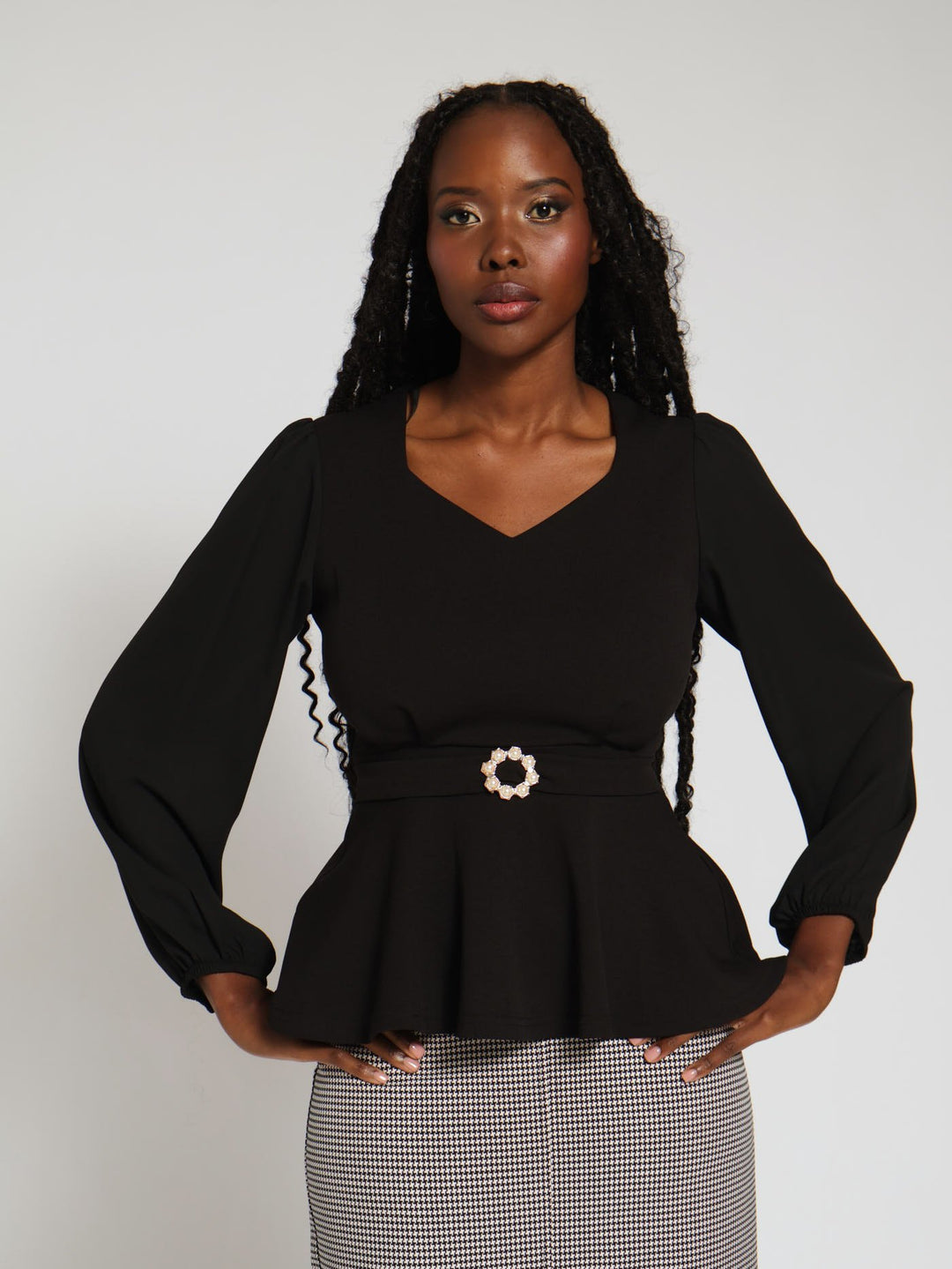 V-Neck Belted Combo Blouse - Black