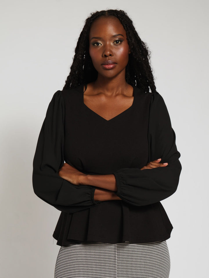 V-Neck Belted Combo Blouse - Black