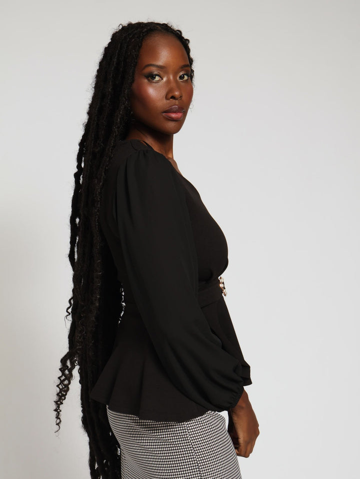 V-Neck Belted Combo Blouse - Black