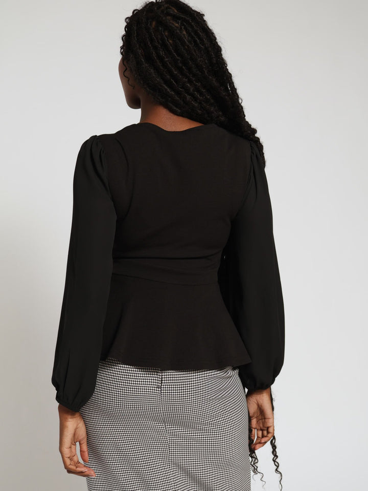 V-Neck Belted Combo Blouse - Black