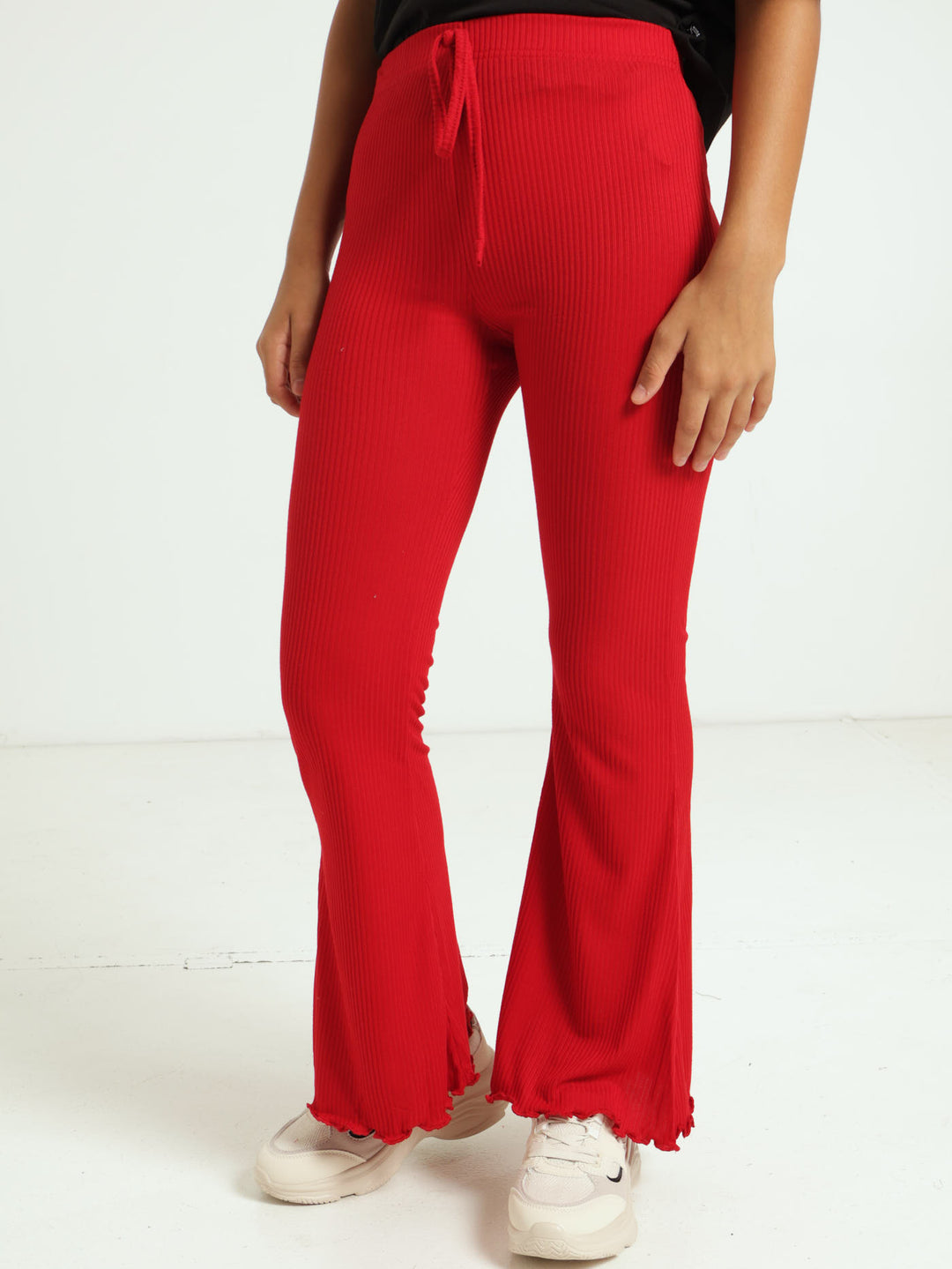 Girls Flare Ribbed Pants - Red