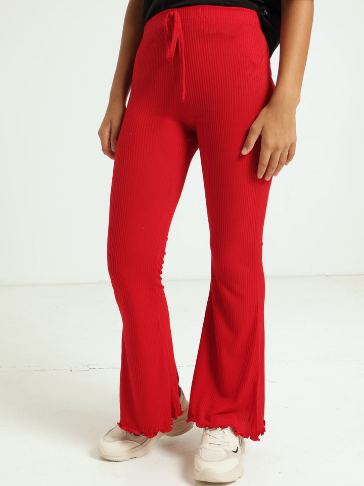 Girls Flare Ribbed Pants - Red