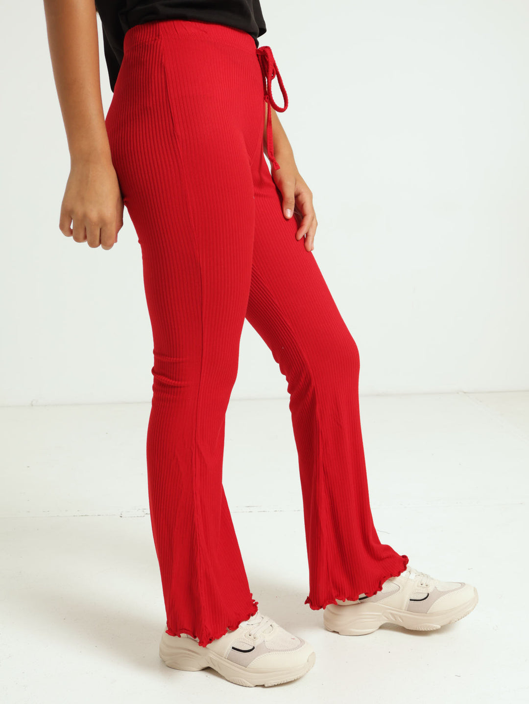 Girls Flare Ribbed Pants - Red