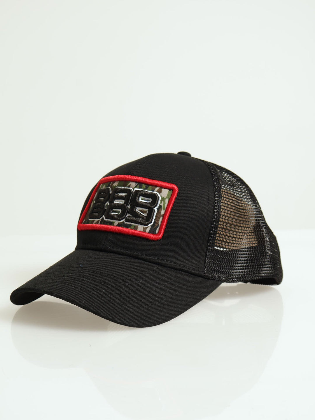 Curved Twill Trucker With Badge & Mesh Back - Black