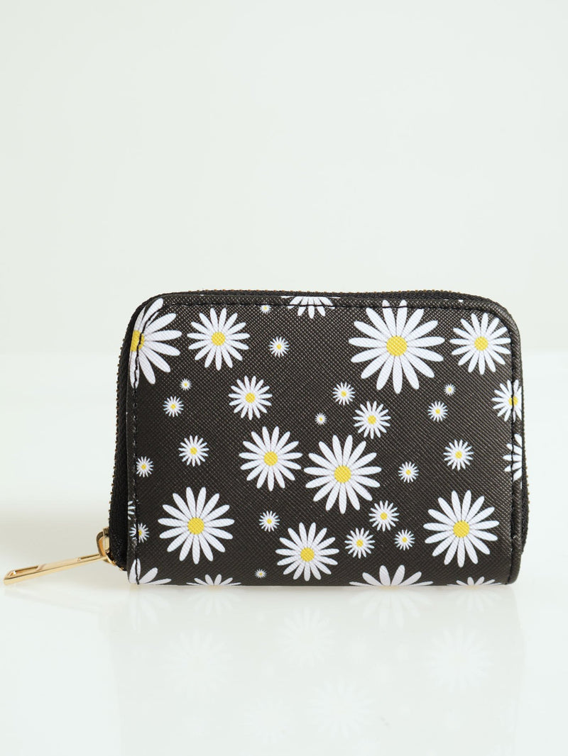 Daisy Print Small Zip Around Purse - Black
