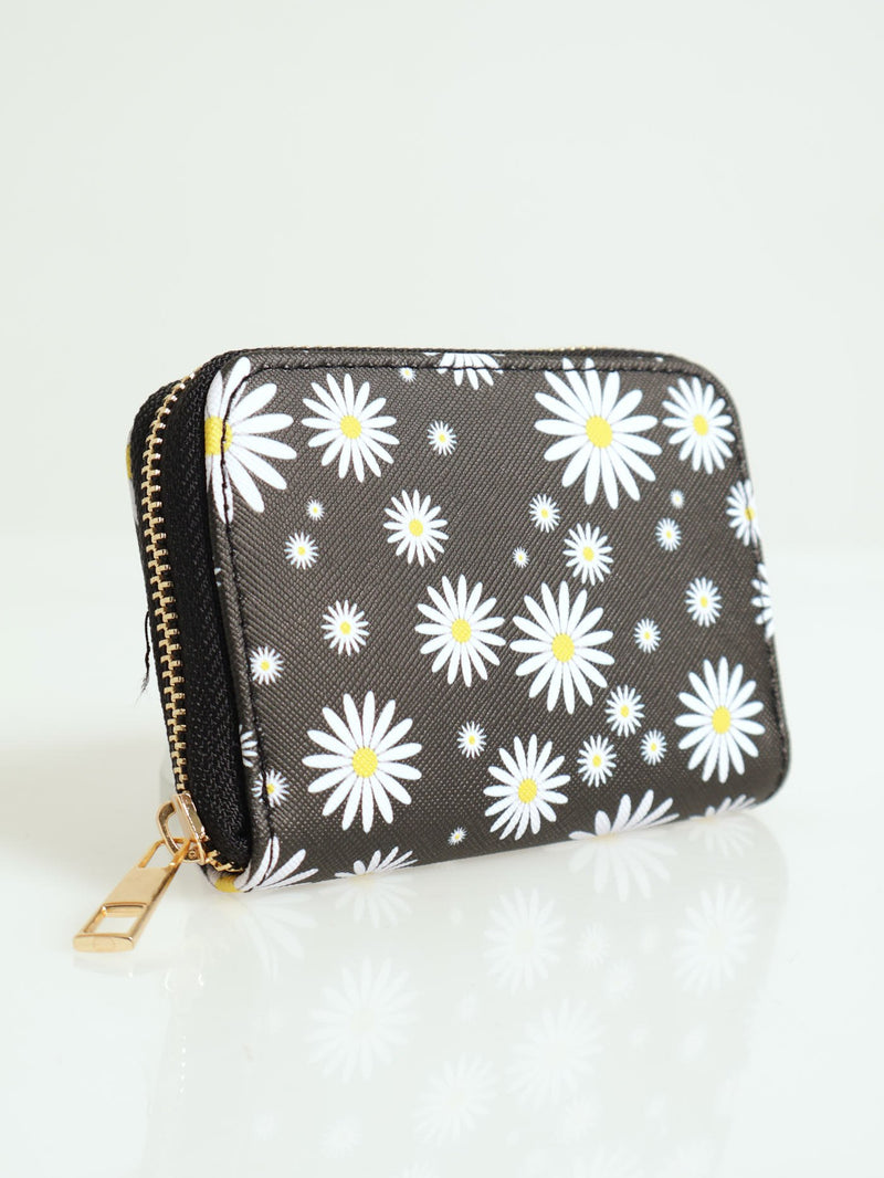Daisy Print Small Zip Around Purse - Black
