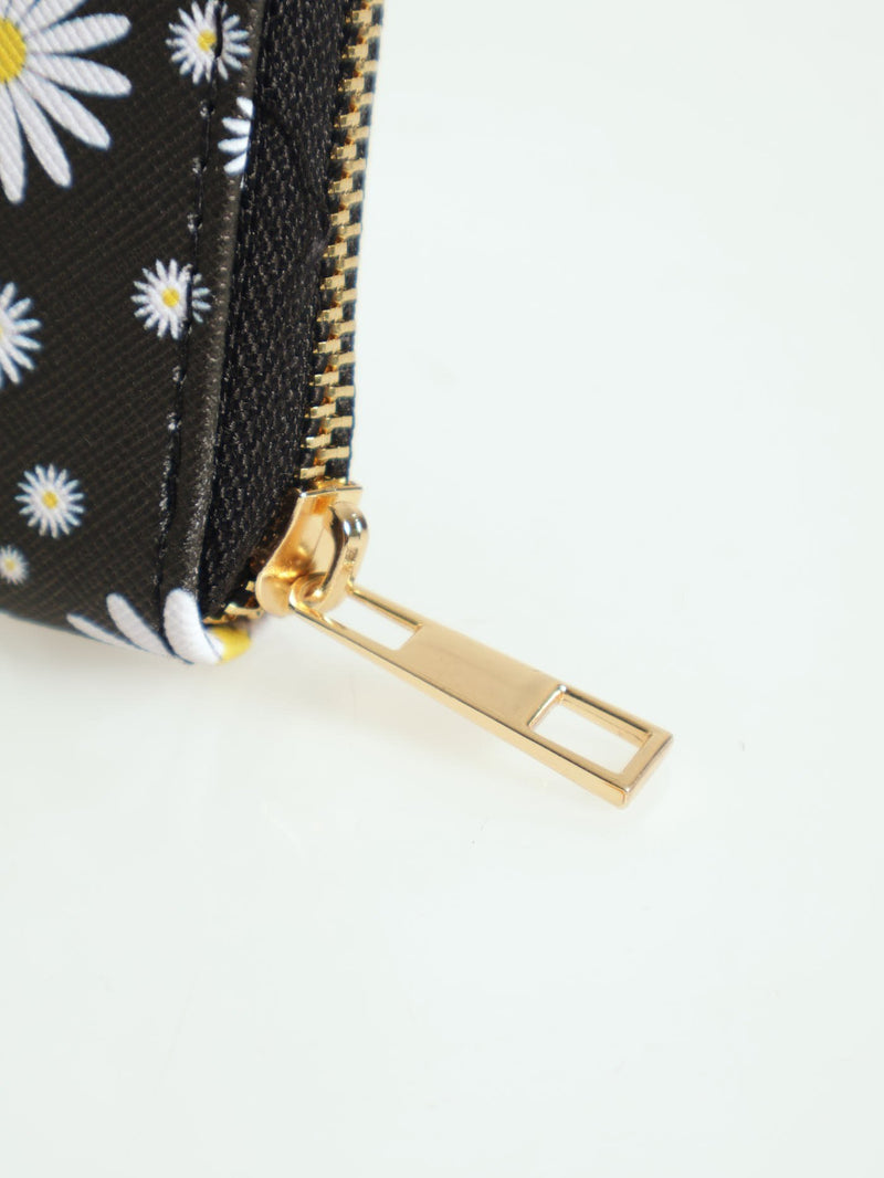 Daisy Print Small Zip Around Purse - Black