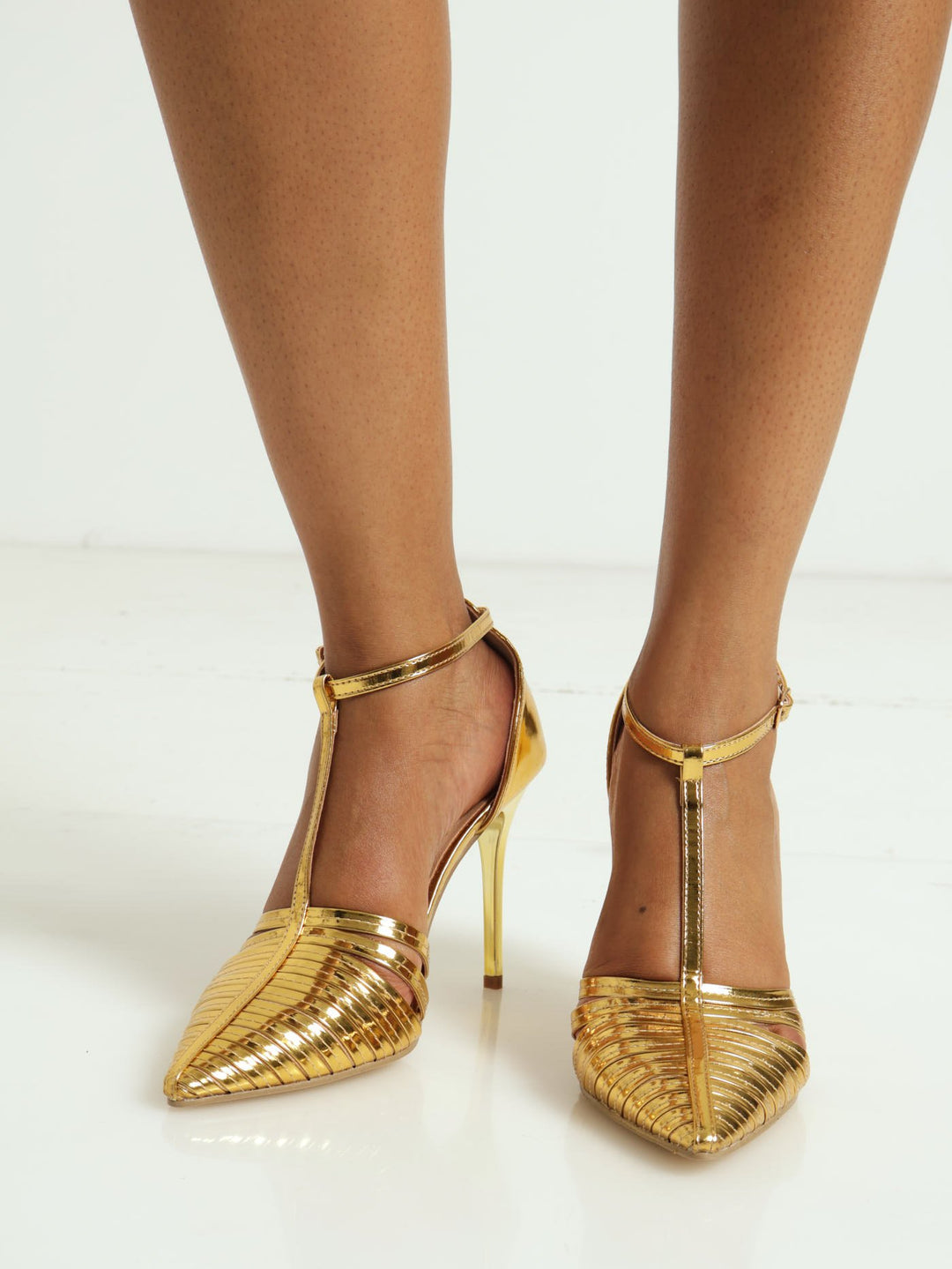 Pointy Strappy T-Bar Court Heel - Gold