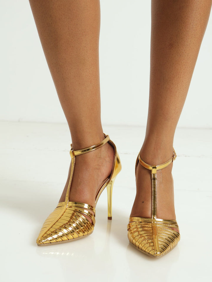 Pointy Strappy T-Bar Court Heel - Gold