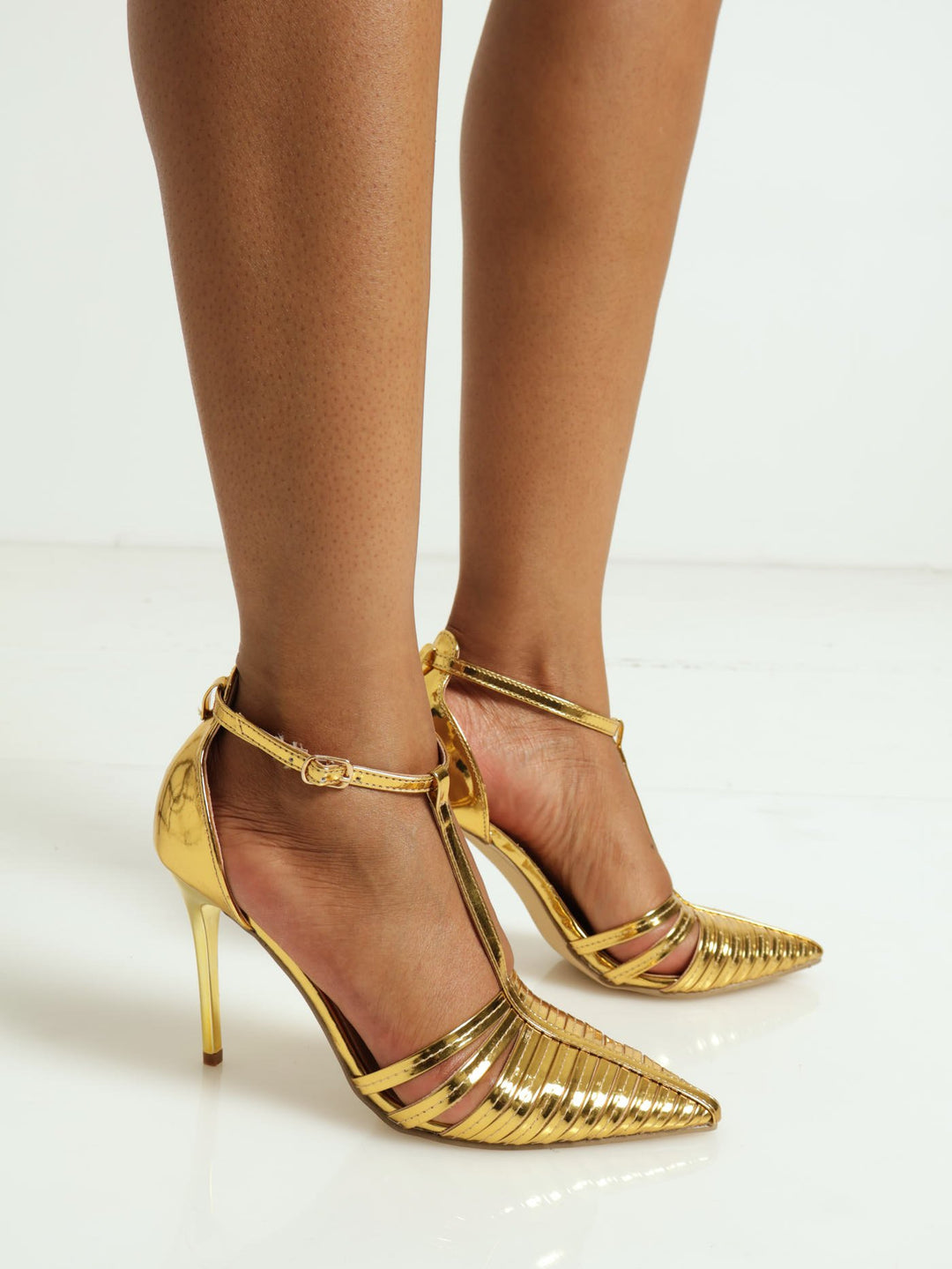 Pointy Strappy T-Bar Court Heel - Gold