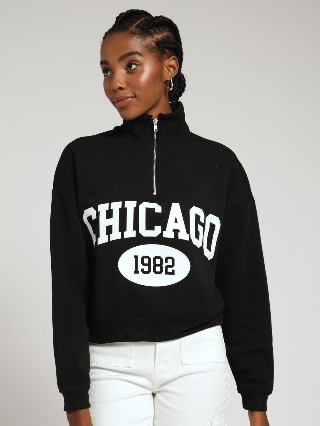 Printed 1/4 Zip Fleece Top - Black