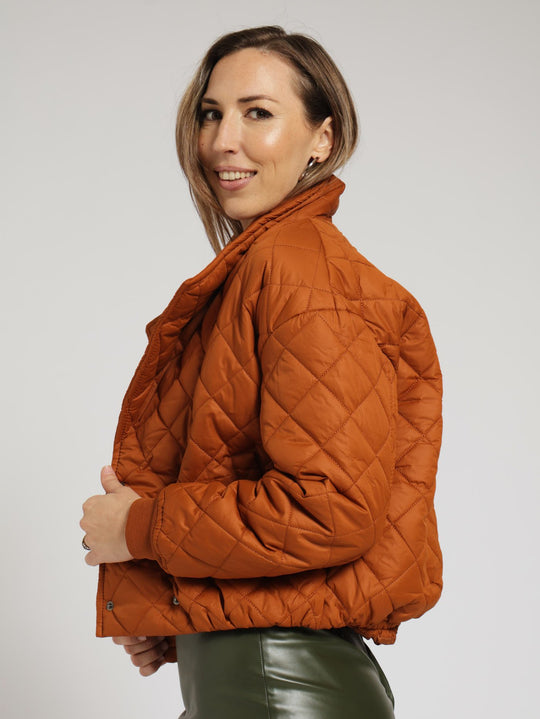 Wide Shawl Collar Quilted Bomber Jacket Caramel Edgars