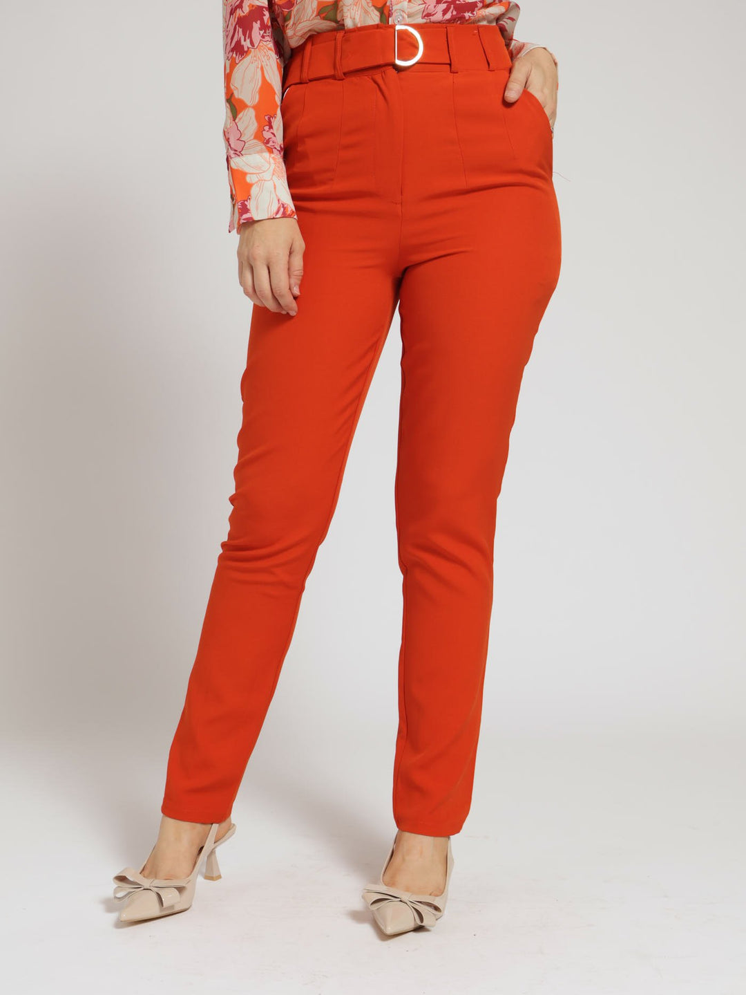 D-Ring Belted Tapered Leg Pants - Tangerine