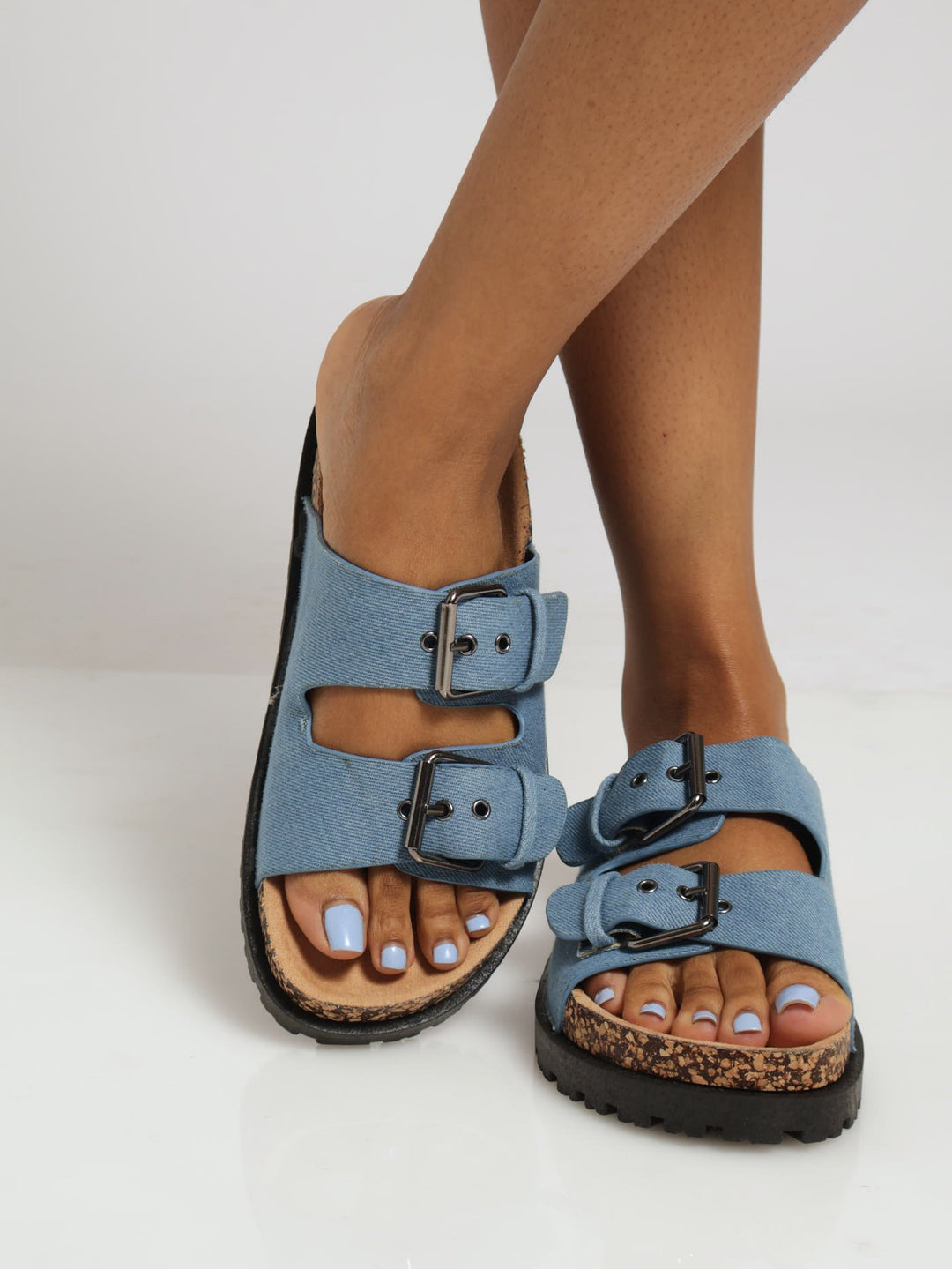 Double Buckle Slide On Flatform Rubber - Denim