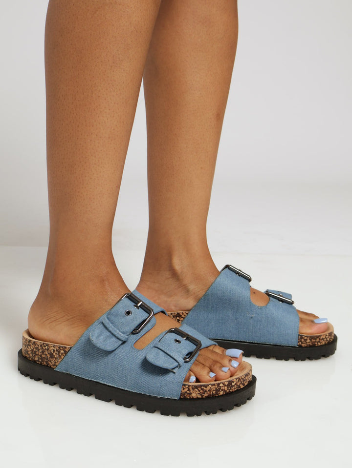 Double Buckle Slide On Flatform Rubber - Denim
