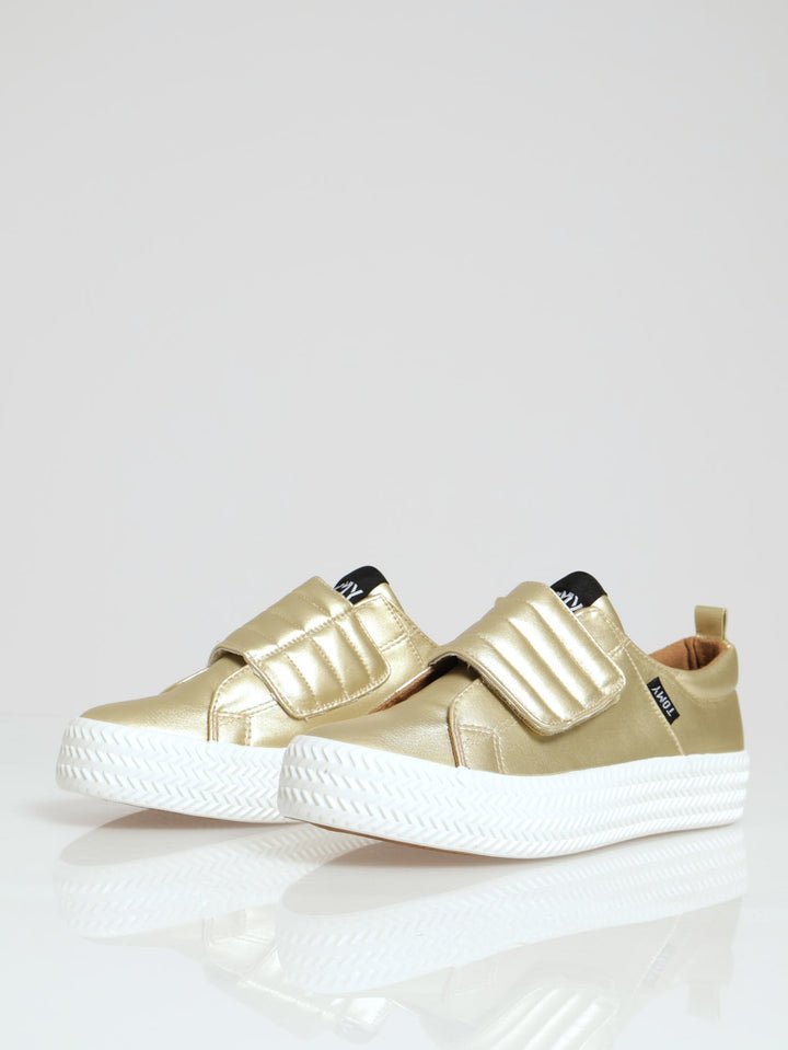 Low Cut Pu Platform Velcro Strap Sandal - Gold