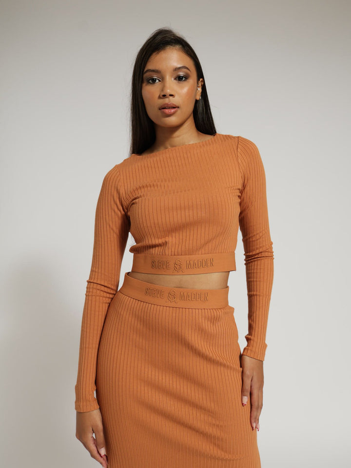 Ava Rib Boatneck Crop Top - Caramel