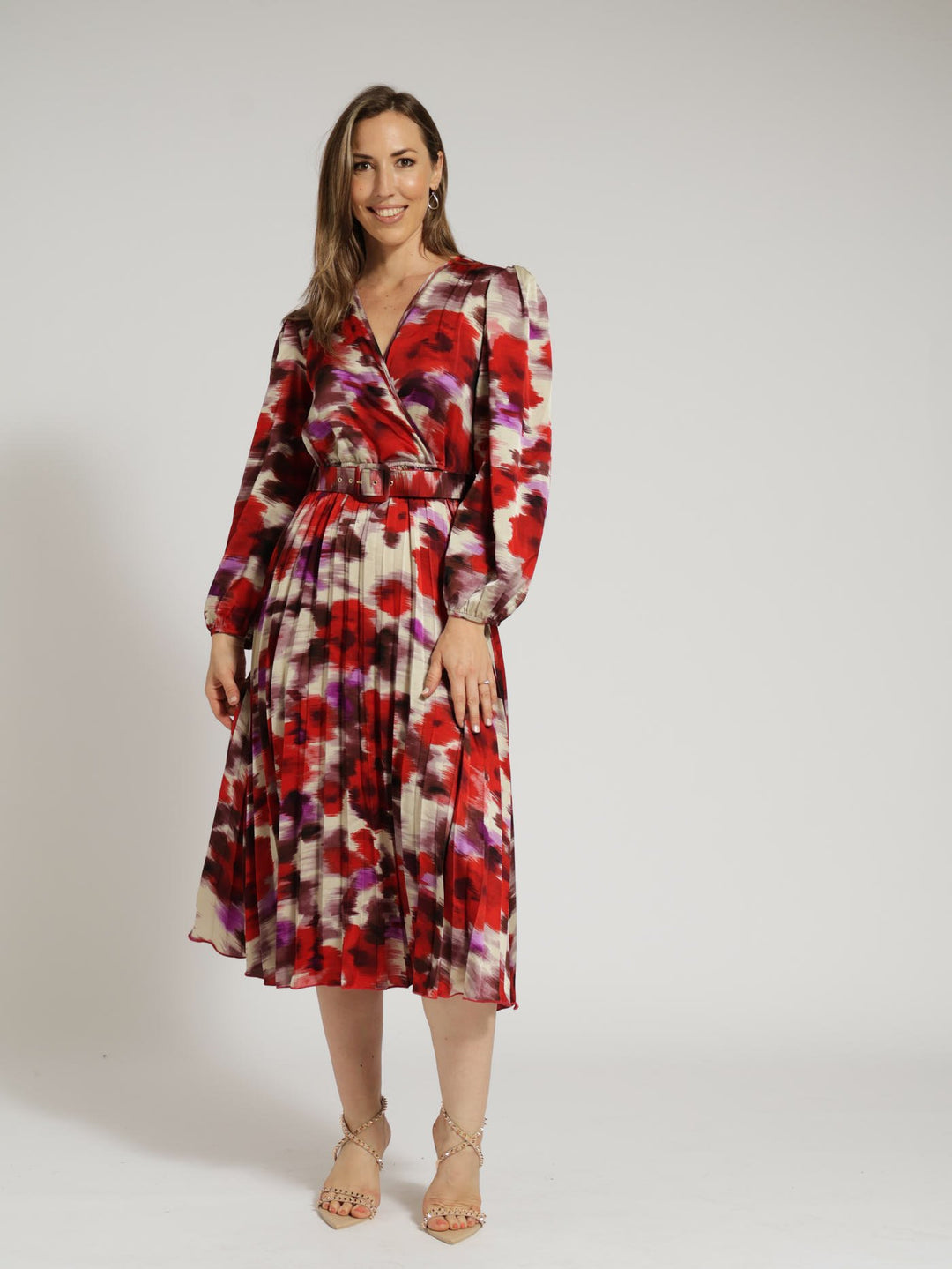 Wrap Pleated Satin Midi Dress