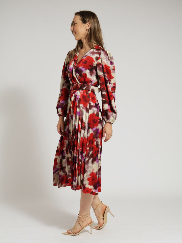 Wrap Pleated Satin Midi Dress