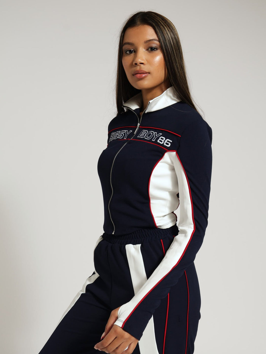 Fitted Zip Up Tracksuit Top - Navy/White