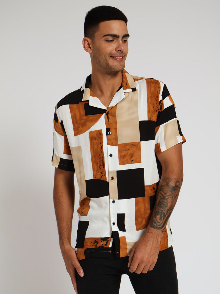 Viscose Abstract Block Print Shirt - Brown