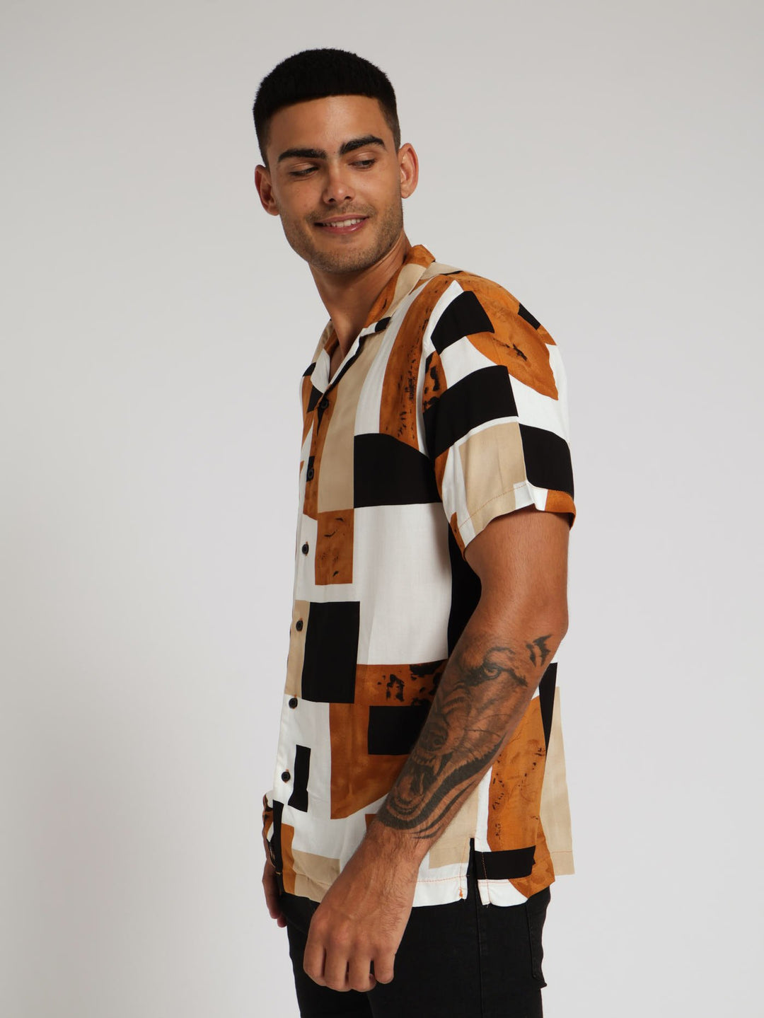 Viscose Abstract Block Print Shirt - Brown