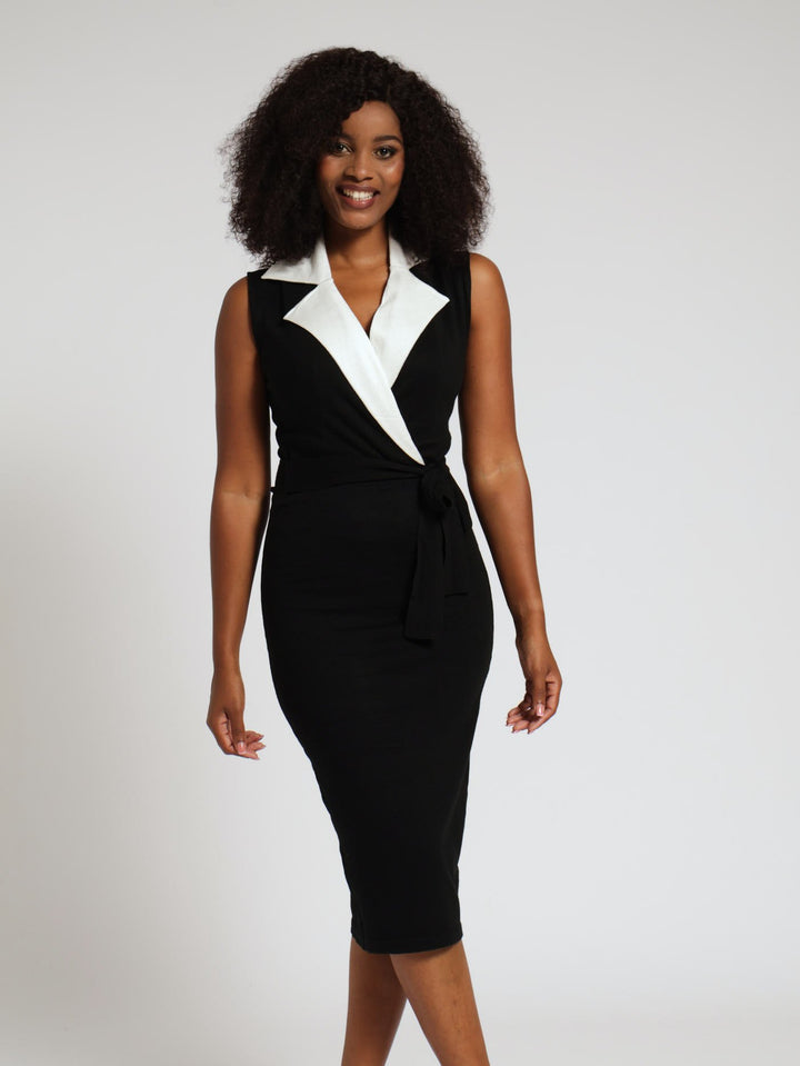 Collared Wrap Knit Midi Dress - Black/Cream