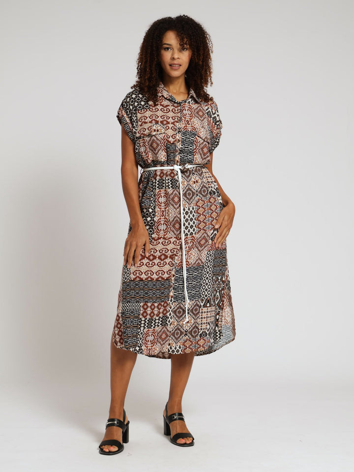 Button Down Shirt Dress With Belt - Brown