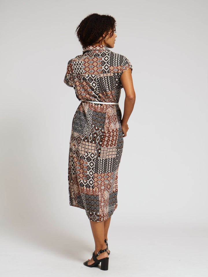 Button Down Shirt Dress With Belt - Brown