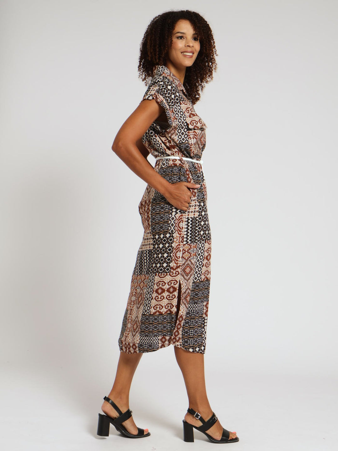 Button Down Shirt Dress With Belt - Brown