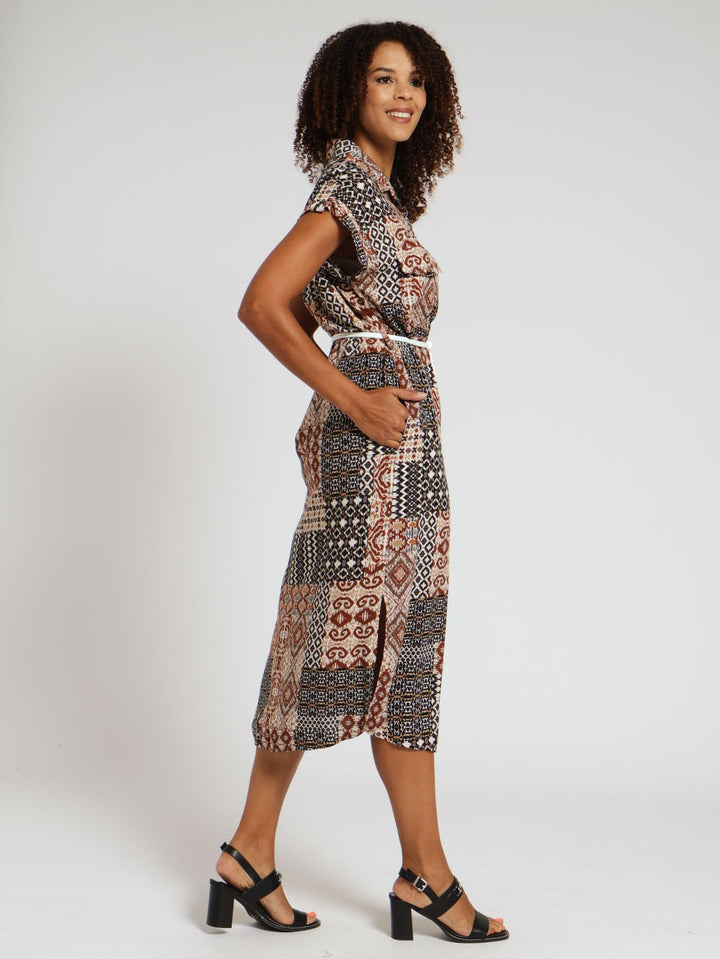 Button Down Shirt Dress With Belt - Brown